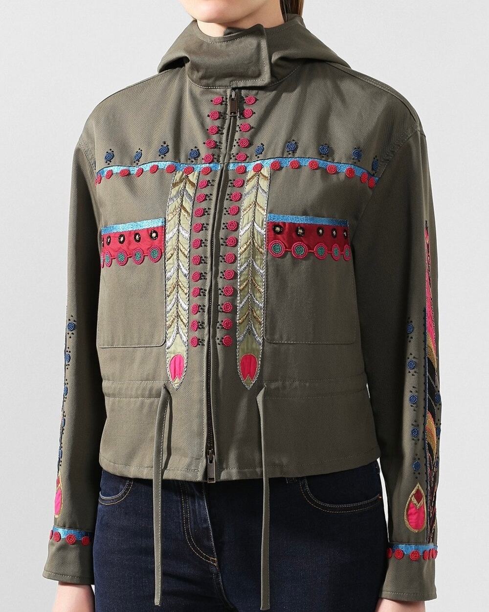 VALENTINO Garavani Green Hooded Beaded Embroidered Military Jacket 42 Cinched